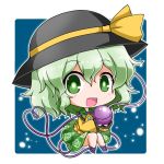  1girl :d bangs black_hat blue_background blush chibi commentary_request eyeball eyebrows_visible_through_hair floral_print frilled_shirt_collar frilled_sleeves frills full_body green_eyes green_hair green_skirt hair_between_eyes hat hat_ribbon heart heart_of_string holding komeiji_koishi lights long_sleeves noai_nioshi open_mouth outline print_skirt purple_shoes ribbon rose_print shirt shoes short_hair skirt smile solo string third_eye touhou white_outline wide_sleeves wing_collar yellow_ribbon yellow_shirt 