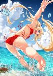  1girl armpits ass bangs barefoot beach bikini blonde_hair blue_eyes bokkusu breasts butt_crack clouds day fang feet from_behind hair_ribbon highres horizon jumping kneepits leaning_forward long_hair looking_at_viewer looking_back ocean open_mouth outdoors outstretched_arms red_bikini ribbon side-tie_bikini sky small_breasts soles solo splashing spread_arms sunlight swimsuit toes twintails very_long_hair water water_drop 