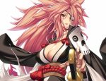  1girl baiken big_hair breasts eyepatch goggles guilty_gear guilty_gear_xrd katana large_breasts long_hair looking_at_viewer parted_lips pink_hair red_eyes rope shiny shiny_skin simple_background solo sword takanashi-a weapon white_background 