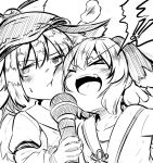  ! !! &gt;:d &gt;_&lt; 2girls :d animal_ears annoyed bangs blush closed_eyes closed_mouth commentary_request dog_ears eyebrows_visible_through_hair greyscale hair_between_eyes hat holding holding_microphone kasodani_kyouko lolimate long_sleeves microphone monochrome multiple_girls music mystia_lorelei open_mouth short_hair singing smile spoken_exclamation_mark sweat touhou upper_body wings 