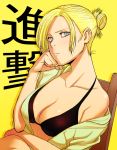  annie_leonhardt asutora_(coil) blonde_hair blue_eyes bra breasts chair chin_rest cleavage constricted_pupils expressionless folded_ponytail looking_at_viewer medium_breasts off_shoulder shingeki_no_kyojin short_hair underwear yellow_background 