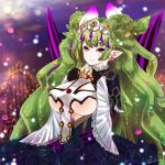  1girl :3 blurry breasts cup dated depth_of_field dress earrings fang flower frills gloves green_hair hair_ornament haruneko_roma highres holding holding_cup jewelry large_breasts last_period long_hair meldia_(last_period) pointy_ears revealing_clothes rose smile solo teacup twintails twitter_username very_long_hair victorian violet_eyes wide_sleeves 
