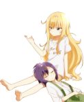  2girls barefoot blonde_hair blue_eyes blush cherry_blossoms closed_eyes closed_mouth clothes_writing collarbone eyebrows_visible_through_hair gabriel_dropout hair_between_eyes hair_ornament hairclip highres kuro_neko_(artist) lap_pillow multiple_girls parted_lips petals purple_hair shirt short_sleeves simple_background sitting sleeping t-shirt tenma_gabriel_white translation_request tsukinose_vignette_april white_background white_shirt 