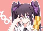  1girl bespectacled black_hair bow cellphone collared_shirt flip_phone glasses hair_bow hair_ribbon himekaidou_hatate ichimura_kanata long_hair necktie phone ribbon shirt sidelocks smile solo touhou twintails upper_body v_over_eye violet_eyes 