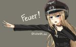  1girl alternate_costume bismarck_(kantai_collection) blonde_hair blue_eyes german hat headphones iron_cross kantai_collection military military_hat military_uniform open_mouth outstretched_arm peaked_cap rabochicken simple_background solo translated twitter_username uniform upper_body world_war_ii 