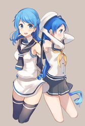  2girls blue_eyes blue_hair blush breasts cosplay costume_switch double_bun elbow_gloves gloves hat highres kantai_collection long_hair looking_at_viewer medium_breasts multiple_girls neckerchief open_mouth pleated_skirt sailor_collar sailor_hat samidare_(kantai_collection) school_uniform senbei_(senbe_i) serafuku shirt skirt sleeveless sleeveless_shirt sleeves_rolled_up small_breasts smile urakaze_(kantai_collection) very_long_hair white_legwear 