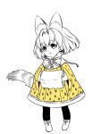  1girl :o adapted_costume alternate_costume alternate_footwear animal_ears black_legwear bow bowtie child cross-laced_clothes cross-laced_footwear dot_nose dress eyebrows_visible_through_hair eyelashes flat_color full_body kemono_friends looking_away looking_up open_mouth pantyhose serval_(kemono_friends) serval_ears serval_print serval_tail shoelaces short_hair simple_background solo spot_color standing striped_tail sumachii tail tareme white_background white_skin wind younger 