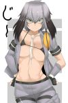  1girl between_breasts bikini_top black_gloves black_hair breasts closed_mouth collarbone collared_shirt cowboy_shot crotch_seam dateya_torahachi eyebrows_visible_through_hair fingerless_gloves gloves grey_shirt grey_shorts hands_on_hips highres kemono_friends long_hair looking_at_viewer low_ponytail lowleg lowleg_panties medium_breasts multicolored_hair navel necktie necktie_between_breasts off-shoulder_shirt open_clothes open_shirt orange_hair panties panties_under_pantyhose pantyhose pocket ribs shirt shoebill_(kemono_friends) short_sleeves shorts shorts_down side_ponytail silver_hair solo standing stomach thigh_gap toned underwear white_necktie yellow_eyes 