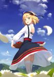  1girl apple back bangs basket blonde_hair blue_sky blush clouds commentary_request day flower food from_behind fruit green_eyes hairband highres holding kinta_(distortion) long_sleeves looking_at_viewer looking_back open_mouth original outdoors shirt short_hair skirt sky smile solo standing suspender_skirt suspenders thigh-highs white_legwear white_shirt 