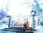  1girl alt_(apou) animal_ears blonde_hair blush closed_eyes japanese_clothes lantern original scarf sitting snow solo star tree wide_sleeves 