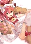  1girl animal_ears apron bell bell_collar bow collar fate/extra fate/grand_order fate_(series) fox_ears fox_tail gloves hair_bow maid_headdress naked_apron paw_gloves paw_shoes paws pink_hair red_bow shoes shovelwall single_thighhigh solo tail tamamo_(fate)_(all) tamamo_cat_(fate) thigh-highs white_legwear yellow_eyes 