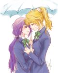  2girls absurdres ayase_eli bangs blazer blonde_hair bow bowtie couple face-to-face green_bow green_bowtie hair_ornament highres holding holding_umbrella incipient_kiss jacket long_hair looking_at_another love_live! love_live!_school_idol_project multiple_girls parted_lips ponytail purple_hair ratana_satis school_uniform scrunchie shared_umbrella signature striped striped_bow striped_bowtie toujou_nozomi umbrella uniform upper_body yuri 