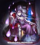  1girl breasts cleavage company_name curtains dress fire full_body gyakushuu_no_fantasica large_breasts long_hair nail_polish official_art pale_skin purple_hair red_eyes sitting solo teeth tiara vampire white_skin window xxxpechkaxxx 