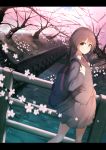  1girl backpack bag blazer blurry branch bridge brown_eyes brown_hair cherry_blossoms depth_of_field dutch_angle highres jacket letterboxed light_smile looking_at_viewer looking_to_the_side necktie original petals rerrere river school_uniform short_hair solo water wind 