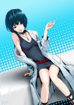  1girl aqua_background bed belt blue_hair bob_cut breasts choker cleavage doctor dress hamakado_mondo highres hospital_bed id_tag jewelry labcoat leaning_to_the_side lipstick makeup nail_polish necklace pen persona persona_5 red_eyes removing_coat short_hair sitting smile solo studded_collar syringe takemi_tae 