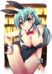  1girl animal_ears aqua_eyes aqua_hair bare_legs bare_shoulders black_leotard blush bow bowtie breasts bunny_tail bunnysuit cleavage curvy detached_collar fake_animal_ears grin hair_ornament hairclip hand_on_hip highres kantai_collection large_breasts leaning_forward leotard long_hair looking_at_viewer playboy_bunny_leotard rabbit_ears shinshin smile solo suzuya_(kantai_collection) tail thigh_gap wide_hips wrist_cuffs 