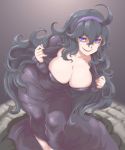  1girl al_bhed_eyes black_hair breasts bursting_breasts cleavage collarbone cowboy_shot downblouse dress dress_pull erect_nipples fingernails floor gradient gradient_background grey_background hairband hands_up hex_maniac_(pokemon) highres hips kous_(onetwojustice) large_breasts leaning_forward long_hair long_sleeves looking_at_viewer nail_polish no_bra npc_trainer parted_lips pokemon pokemon_(game) pokemon_xy pose purple_dress seductive_smile smile solo standing sweatdrop very_long_hair violet_eyes 