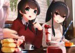  2girls agano_(kantai_collection) alternate_costume black_hair buttons food green_eyes highres holding holding_spoon kantai_collection long_hair multiple_girls open_mouth ponytail red_eyes red_sweater scrunchie shirt side_ponytail smile spoon suginoji sweater turtleneck turtleneck_sweater white_shirt white_sweater yahagi_(kantai_collection) 