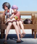  &gt;:t 2girls :t bangs bare_legs barefoot bench black_hair bowl bowl_hat breasts closed_eyes closed_mouth day directional_arrow dress eyebrows_visible_through_hair feet hat headwear_removed highres horns hug japanese_clothes kijin_seija kimono knees looking_away mallet medium_breasts miracle_mallet multicolored_hair multiple_girls obi open_clothes open_shirt outdoors pout purple_hair red_eyes redhead sandals sash shirt short_hair short_sleeves sitting sitting_on_bench smile soles sukuna_shinmyoumaru toes touhou wide_sleeves yossu? 