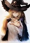  1girl blonde_hair breasts closed_mouth dorothy_(shingeki_no_bahamut) dress foreshortening fur_trim hair_between_eyes hat inaba_sunimi jewelry long_hair looking_at_viewer medium_breasts necklace reaching_out shadowverse shingeki_no_bahamut smile solo white_dress witch_hat yellow_eyes 