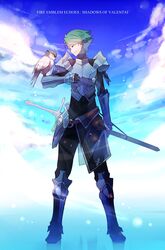  1boy alm_(fire_emblem) animal armor bird bird_on_arm fire_emblem fire_emblem_echoes:_mou_hitori_no_eiyuuou full_body greaves green_hair highres kariya_(mizore) owl sword weapon 