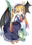 1girl antlers bag black_wings blonde_hair blue_dress blush breasts brown_shoes collared_shirt commentary_request dragon_girl dragon_tail dress frilled_dress frilled_hairband frilled_shirt frills full_body gloves gradient_hair highres holding_bag horns kobayashi-san_chi_no_maidragon long_hair looking_at_viewer maid_headdress medium_breasts minamikaze multicolored_hair necktie pointing pointing_at_self red_belt red_eyes red_necktie redhead shirt shoes simple_background sleeveless sleeveless_dress smile solo square_necktie standing streaked_hair tail tail_raised tooru_(maidragon) white_background white_gloves white_shirt wings