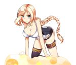  1girl all_fours blonde_hair blue_eyes blush braid breasts cleavage elsword freyja_(elsword) large_breasts long_hair looking_at_viewer ponytail solo thigh-highs trash white_background 