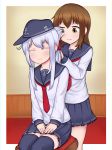  2girls ^_^ alternate_hairstyle anchor_symbol black_legwear blue_skirt blush brown_eyes brown_hair closed_eyes colored_eyelashes eyebrows_visible_through_hair flat_cap folded_ponytail hair_down hat hibiki_(kantai_collection) highres inazuma_(kantai_collection) jacy kantai_collection long_hair looking_at_another multiple_girls navy_blue_hat necktie outside_border own_hands_together pleated_skirt red_necktie roman_numerals sailor_collar shirt silver_hair sitting skirt sleeves_past_wrists standing thigh-highs v_arms wainscoting white_shirt 