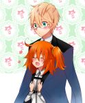  1boy 1girl ^_^ ^o^ ahoge berserker_(fate/prototype_fragments) blonde_hair closed_eyes commentary_request fate/grand_order fate/prototype fate/prototype:_fragments_of_blue_and_silver fate_(series) fujimaru_ritsuka_(female) glasses green_eyes hair_between_eyes hair_ornament hair_scrunchie hanabishi long_sleeves open_mouth orange_hair scrunchie side_ponytail 