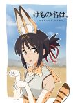  1girl absurdres animal_ears black_hair blurry blurry_background bow bowtie brown_eyes commentary_request copyright_name cosplay hair_ribbon heizou_(hezo3361) highres kemono_friends kimi_no_na_wa looking_at_viewer miyamizu_mitsuha pun red_ribbon ribbon serval_(kemono_friends) serval_(kemono_friends)_(cosplay) serval_ears serval_print serval_tail striped_tail tail title_parody 