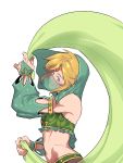  1boy alternate_costume bandeau blonde_hair blue_eyes blush bridal_gauntlets cloth crossdressinging detached_sleeves earrings gerudo_link hip_bones hips jewelry link looking_at_viewer male_focus midriff navel pointy_ears see-through smile solo stomach the_legend_of_zelda the_legend_of_zelda:_breath_of_the_wild toned trap veil 