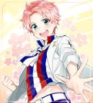  1boy adonis_belt blue_eyes blush clenched_hand flag_pin flower idol idolmaster idolmaster_side-m jacket kabuto_daigo looking_at_viewer male_focus navel open_clothes open_jacket outstretched_hand pink_border pink_hair shirt smile solo striped striped_shirt tsuchiya_(1315444) vertical-striped_shirt vertical_stripes 