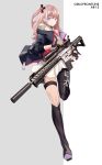  1girl ar-15_(girls_frontline) asymmetrical_legwear bangs bare_shoulders black_gloves black_legwear blue_eyes cancell closed_mouth dress fingerless_gloves full_body girls_frontline gloves gun highres holding holding_gun holding_weapon jacket looking_at_viewer open_clothes open_jacket pink_hair rifle short_dress side_ponytail solo st_ar-15_(girls_frontline) weapon white_dress 
