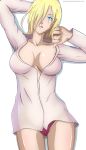  absurdres annie_leonhardt bare_legs blonde_hair blue_eyes bottomless breasts deviantart gluteal_fold hair_over_one_eye highres medium_breasts no_bra open_clothes open_mouth open_shirt panties purple_panties shingeki_no_kyojin shirt stretch thighs transparent_background twitter_username underwear 