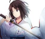  1girl backlighting bangs brown_eyes brown_hair closed_mouth expressionless eyebrows_visible_through_hair floral_print highres holding holding_sword holding_weapon japanese_clothes kara_no_kyoukai katana kimono looking_to_the_side nonono obi parted_bangs ryougi_shiki sash short_hair simple_background solo sword upper_body weapon white_background white_kimono 