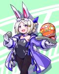  1girl animal_ears argyle argyle_legwear blonde_hair breasts bunny_girl bunny_tail bunnysuit detached_collar easter easter_egg exice-zero gloves highres jacket kugelschreiber looking_at_viewer open_mouth original pantyhose rabbit_ears red_eyes small_breasts smile solo tail 