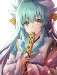  1girl artist_name backlighting bangs c: closed_mouth eyebrows_visible_through_hair fan fate/grand_order fate_(series) folding_fan green_hair hair_between_eyes highres holding holding_fan horns japanese_clothes kiyohime_(fate/grand_order) long_hair looking_at_viewer nonono sidelocks signature simple_background smile solo upper_body white_background yellow_eyes 