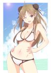  1girl ;d ahoge bangs bikini breasts brown_eyes brown_hair bun_cover cleavage clouds collarbone condensation_trail contrapposto cowboy_shot day e20 earrings eyebrows_visible_through_hair hands_on_hips jewelry long_hair looking_at_viewer medium_breasts midriff navel ocean one_eye_closed open_mouth outdoors renka_(senran_kagura) senran_kagura smile solo sun swimsuit white_bikini 