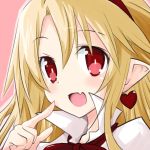  1girl blonde_hair disgaea flonne flonne_(fallen_angel) iwasi-r mugshot pointy_ears red_eyes ribbon smile solo 