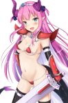 1girl :d absurdres armor bangs bikini bikini_armor black_gloves black_legwear blush breasts collarbone cowboy_shot earrings elbow_gloves elizabeth_bathory_(brave)_(fate) eyebrows_visible_through_hair fang fate/extra fate/extra_ccc fate/grand_order fate_(series) gauntlets gloves groin highres holding holding_sword holding_weapon horns jewelry kurenai_(kurenai_pso) lancer_(fate/extra_ccc) long_hair looking_at_viewer navel open_mouth pauldrons pink_hair pointy_ears red_bikini simple_background small_breasts smile solo swimsuit sword tail thigh-highs thighs tiara tsurime weapon white_background