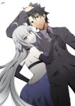  &gt;:d 1boy 1girl :d ahoge bangs bare_back bare_shoulders black_eyes black_gloves black_hair black_necktie blue_dress breasts closed_mouth dress elbow_gloves fate/grand_order fate_(series) formal fujimaru_ritsuka_(male) gloves jeanne_alter long_hair long_sleeves looking_at_viewer medium_breasts necktie ookami_maito open-back_dress open_mouth pant_suit ruler_(fate/apocrypha) silver_hair smile spiky_hair suit very_long_hair yellow_eyes 