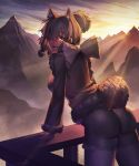  1girl alpaca_ears alpaca_suri_(kemono_friends) animal_ears arm_support ass backlighting bangs blonde_hair blue_eyes blush breasts cowboy_shot evening from_side fur_collar fur_trim hair_over_one_eye kemono_friends large_breasts leaning_forward long_sleeves looking_at_viewer mountain nadare-san_(nadare3nwm) open_mouth outdoors pantyhose ponytail short_hair short_ponytail shorts sidelocks sky thighs 