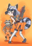  1girl alternate_costume animal_ears back bodysuit full_body guardians_of_the_galaxy gun hippo_(hippo999) kemono_friends looking_back marvel parody raccoon raccoon_(kemono_friends) raccoon_ears raccoon_tail rocket_raccoon tail weapon 