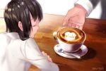  1boy 1girl bangs black_hair blurry closed_eyes closed_mouth coffee cup dated depth_of_field eyebrows_visible_through_hair hanekoto latte_art letterboxed long_hair original out_of_frame saucer solo_focus spoon table teacup 