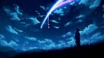  1girl backlighting clouds comet fal grass kimi_no_na_wa miyamizu_mitsuha mountain night night_sky outdoors scenery short_hair silhouette sky solo standing star_(sky) starry_sky 