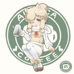  1girl :d alpaca alpaca_ears alpaca_suri_(kemono_friends) animal animal_ears ankle_boots arm_at_side bangs beige_background beige_ribbon beige_shorts beige_vest blonde_hair blue_eyes blush boots breast_pocket character_name collar cup english eyebrows_visible_through_hair eyelashes full_body fur-trimmed_boots fur-trimmed_sleeves fur-trimmed_vest fur_collar fur_trim gradient_ribbon hair_bun hair_ornament hair_over_one_eye hair_ribbon hand_up holding invisible_chair japari_symbol kemono_friends kettle legs_together logo long_sleeves looking_at_viewer multicolored multicolored_ribbon nao_(necomugi) neck_ribbon open_mouth pantyhose pantyhose_under_shorts pocket red_ribbon ribbon shiny shiny_hair shiny_skin shirt shoe_ribbon short_hair shorts sidelocks simple_background sitting smile solo swept_bangs tareme teacup tress_ribbon vest white_boots white_footwear white_legwear white_shirt yellow_ribbon 