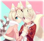  2girls absurdres animal_ears blonde_hair blue_eyes blush bow breasts cat_ears cat_tail character_name character_request english fox_ears fox_tail hair_bow hair_over_one_eye hand_holding highres hood hoodie horns jacket long_sleeves looking_at_viewer medium_breasts multiple_girls phantasy_star phantasy_star_online_2 pink_bow pink_jacket red_eyes sakura_chiyo_(konachi000) short_hair smile tail text 