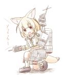  1girl :d anchor_symbol animal_ears blonde_hair blush commentary cosplay fennec_(kemono_friends) fujisaki_yuu_(faint_wistaria) gun kantai_collection kemono_friends kitakami_(kantai_collection) kitakami_(kantai_collection)_(cosplay) kneehighs loafers long_sleeves looking_at_viewer machinery midriff neckerchief one_knee open_mouth remodel_(kantai_collection) rigging school_uniform serafuku shadow shoes simple_background smile solo tail torpedo translated turret weapon white_background 