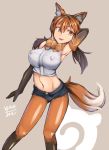  1girl animal_ears artist_name bow brown_background brown_hair fang fox_ears fox_tail fur_trim gloves hibax-fre highres japari_symbol kemono_friends long_hair low_twintails maned_wolf_(kemono_friends) midriff multicolored_hair navel open_mouth orange_hair simple_background solo tail thigh-highs twintails two-tone_hair wolf_ears wolf_tail yellow_eyes 