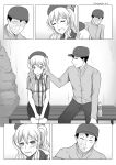 1boy 1girl beret bottle burn_scar comic commentary employee_uniform hand_on_another&#039;s_face hat highres kantai_collection kashima_(kantai_collection) lawson robba-san_(wangphing) scar smile tearing_up tears twintails uniform wangphing 